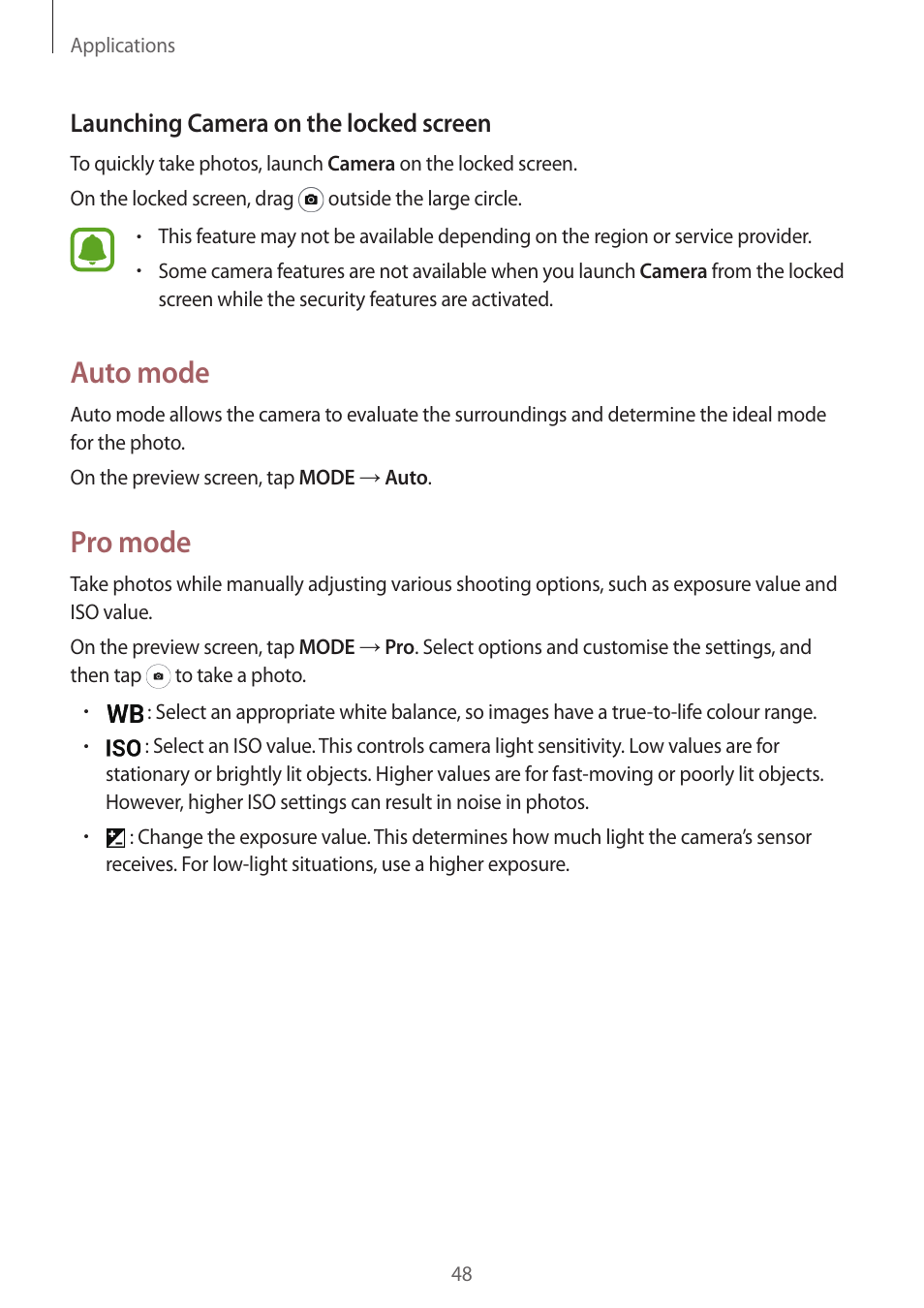 Auto mode, Pro mode, Launching camera on the locked screen | Samsung J1 SM-J120F User Manual | Page 48 / 89