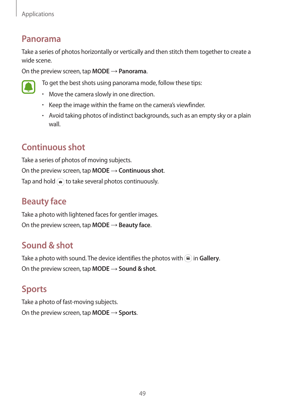Panorama, Continuous shot, Beauty face | Sound & shot, Sports | Samsung J1 SM-J120F User Manual | Page 49 / 89