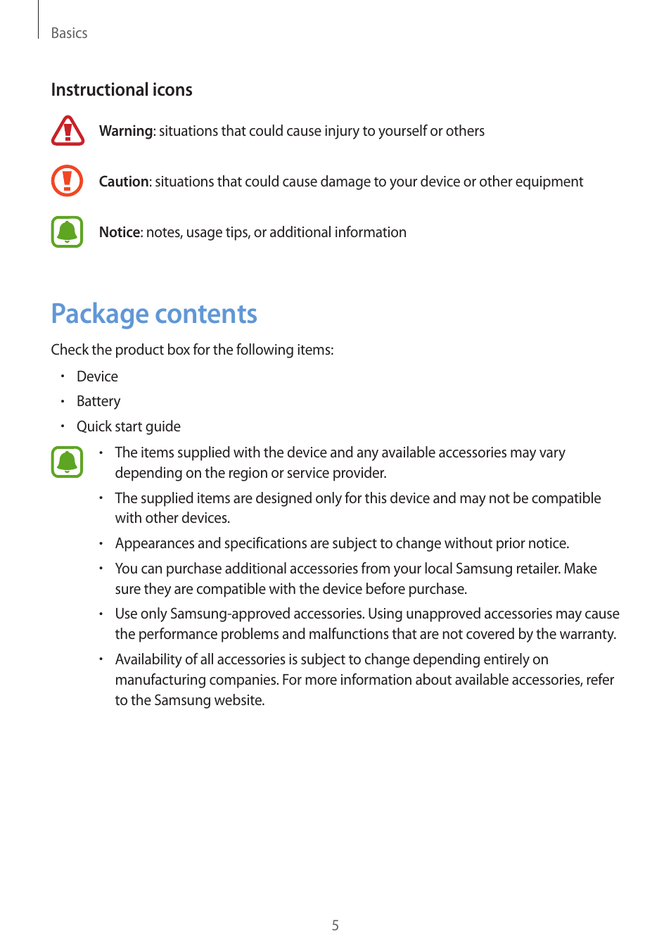 Package contents, Instructional icons | Samsung J1 SM-J120F User Manual | Page 5 / 89