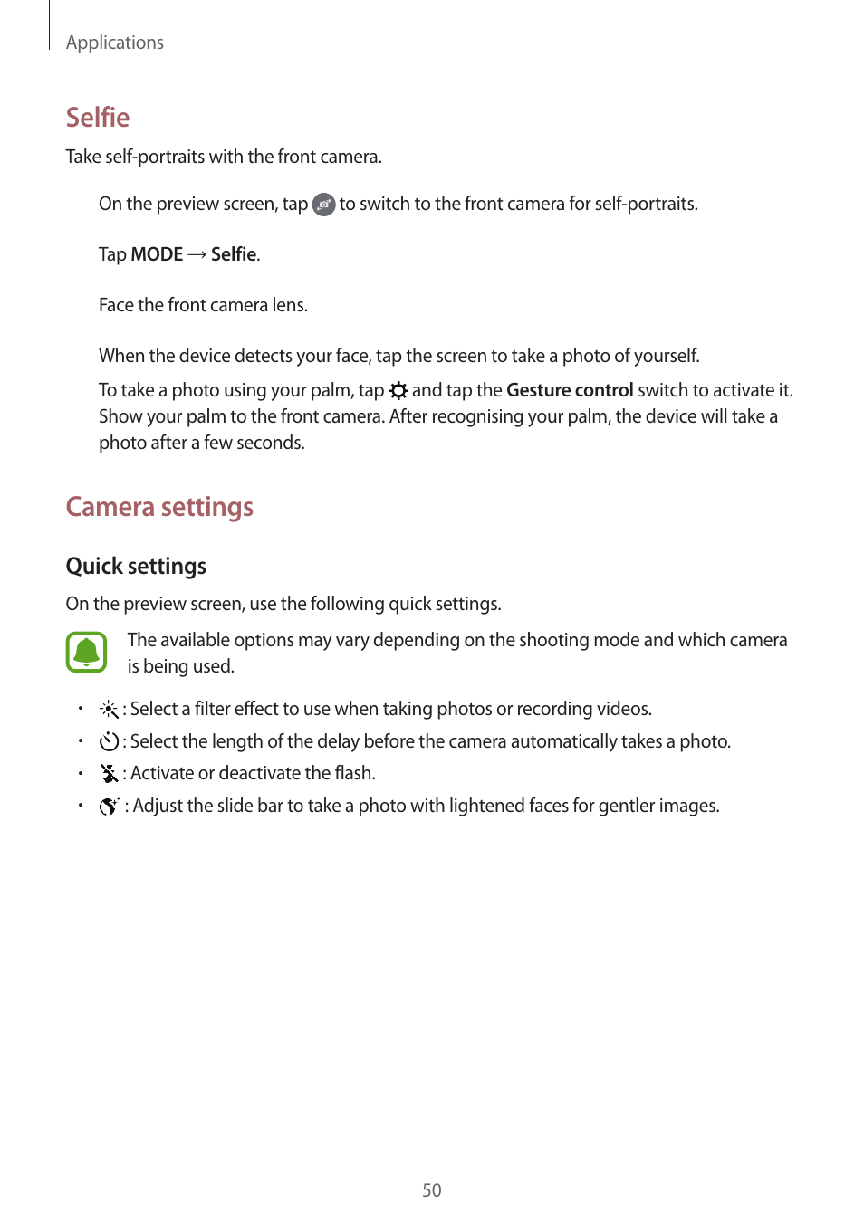 Selfie, Camera settings | Samsung J1 SM-J120F User Manual | Page 50 / 89