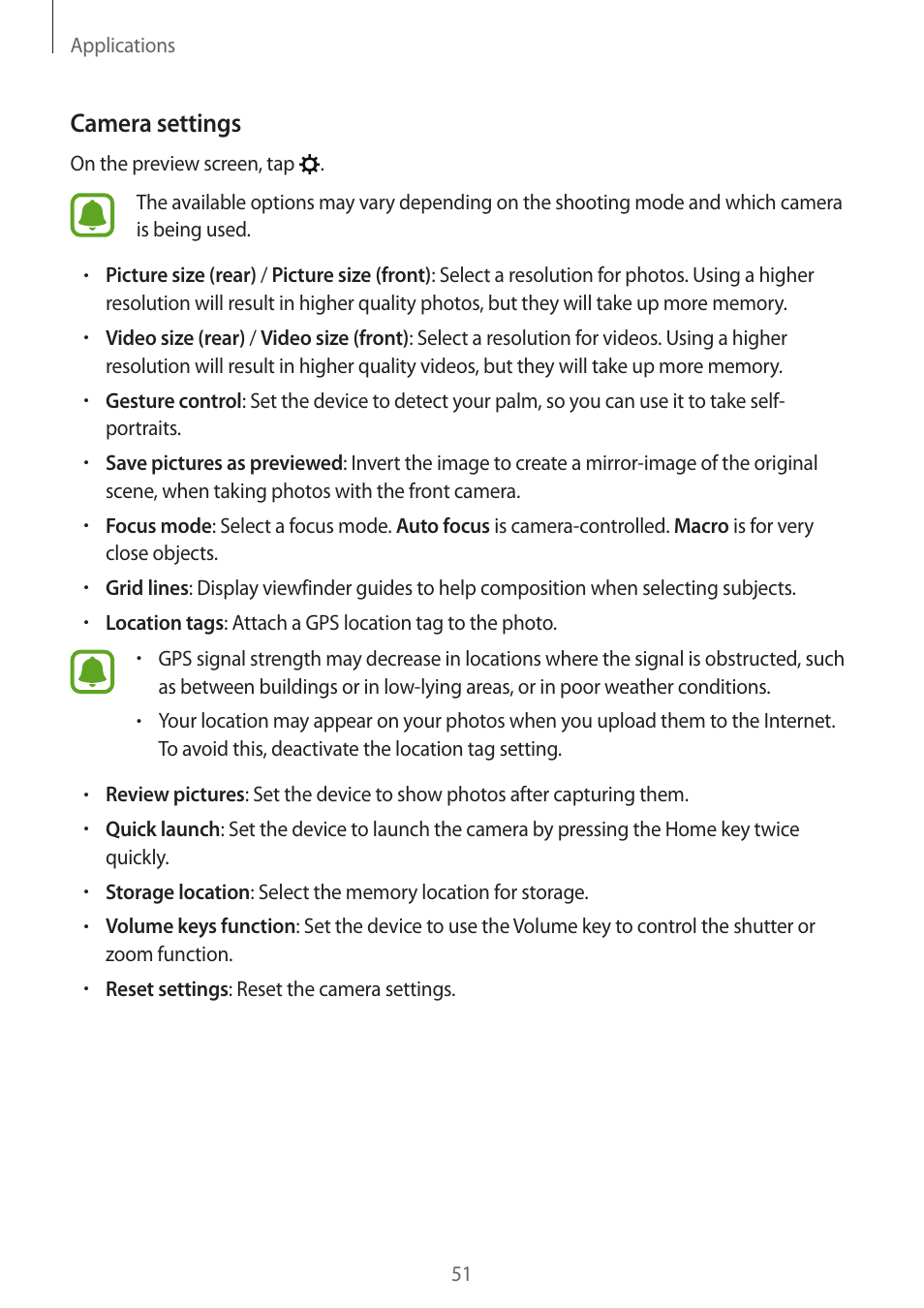 Camera settings | Samsung J1 SM-J120F User Manual | Page 51 / 89