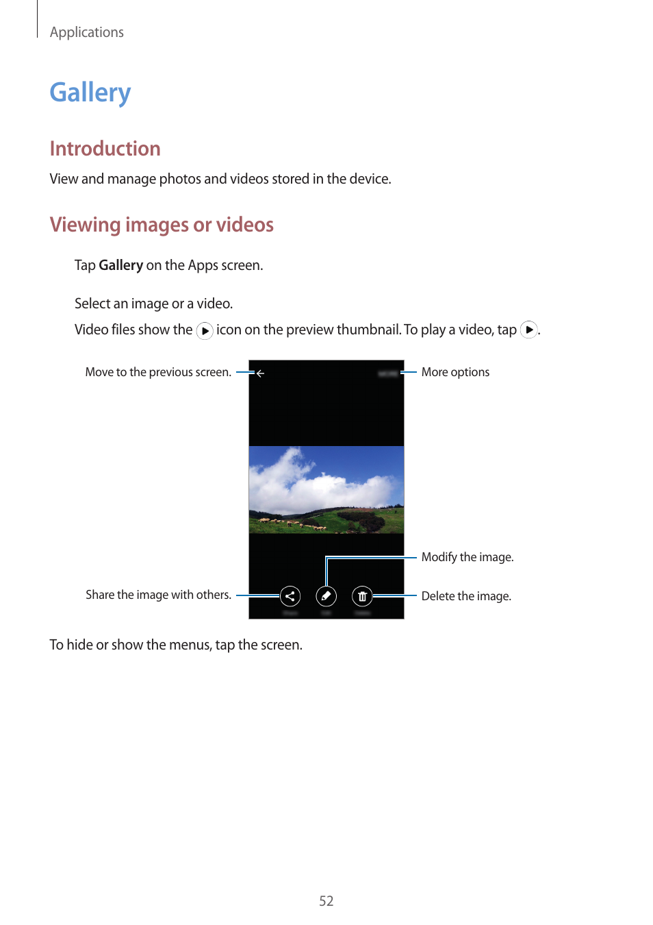 Gallery, 52 gallery, Introduction | Viewing images or videos | Samsung J1 SM-J120F User Manual | Page 52 / 89