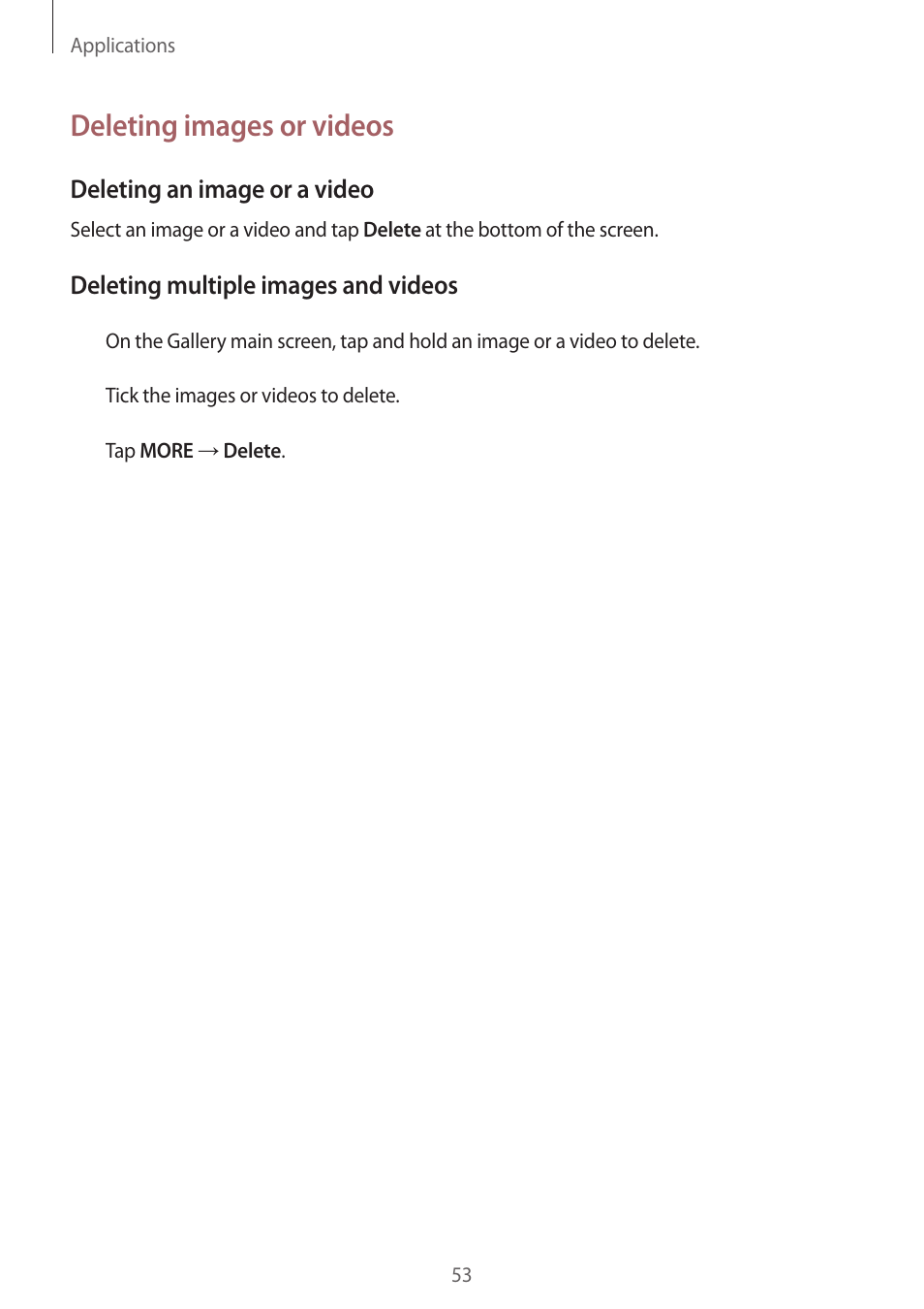Deleting images or videos | Samsung J1 SM-J120F User Manual | Page 53 / 89