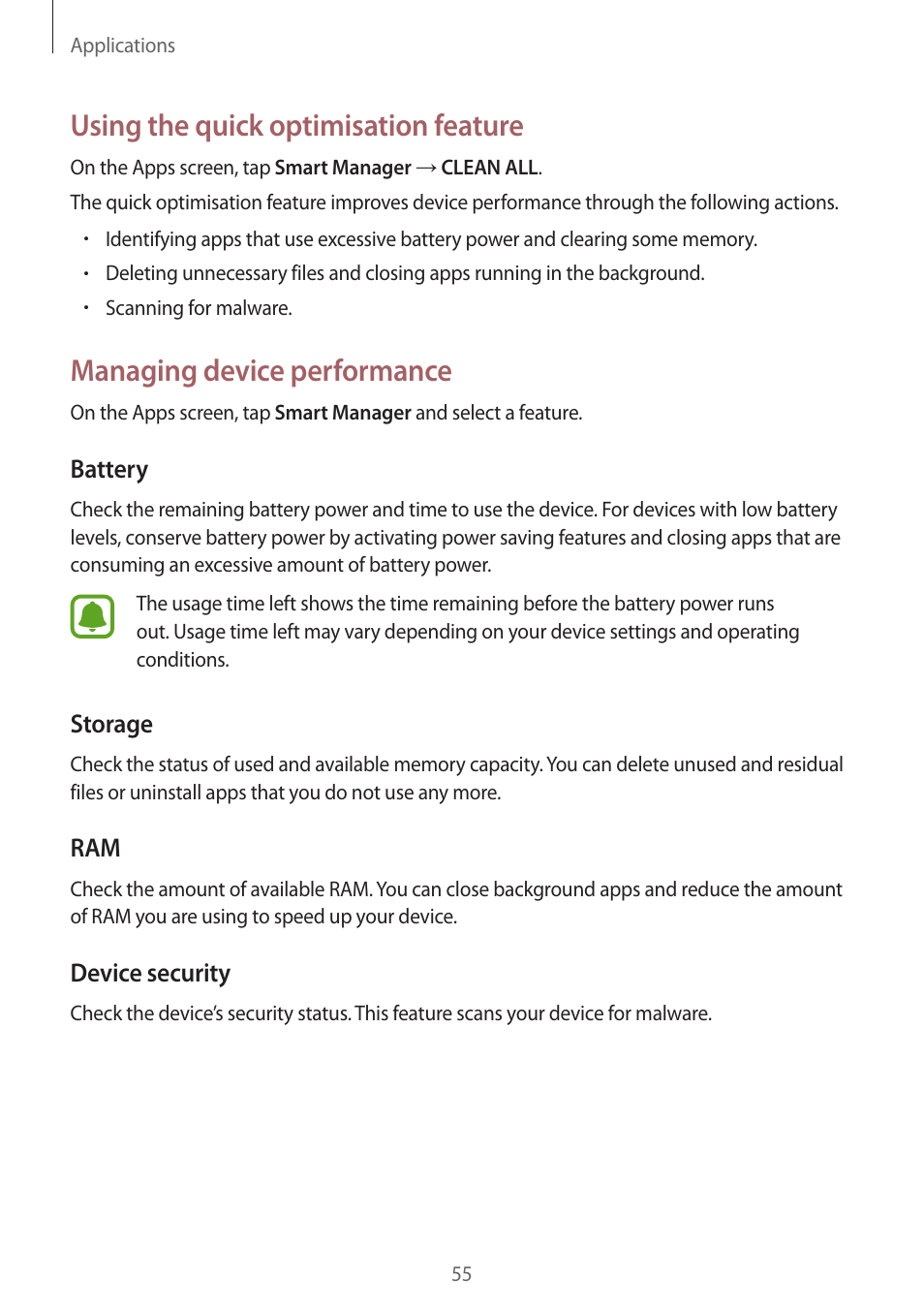 Using the quick optimisation feature, Managing device performance | Samsung J1 SM-J120F User Manual | Page 55 / 89