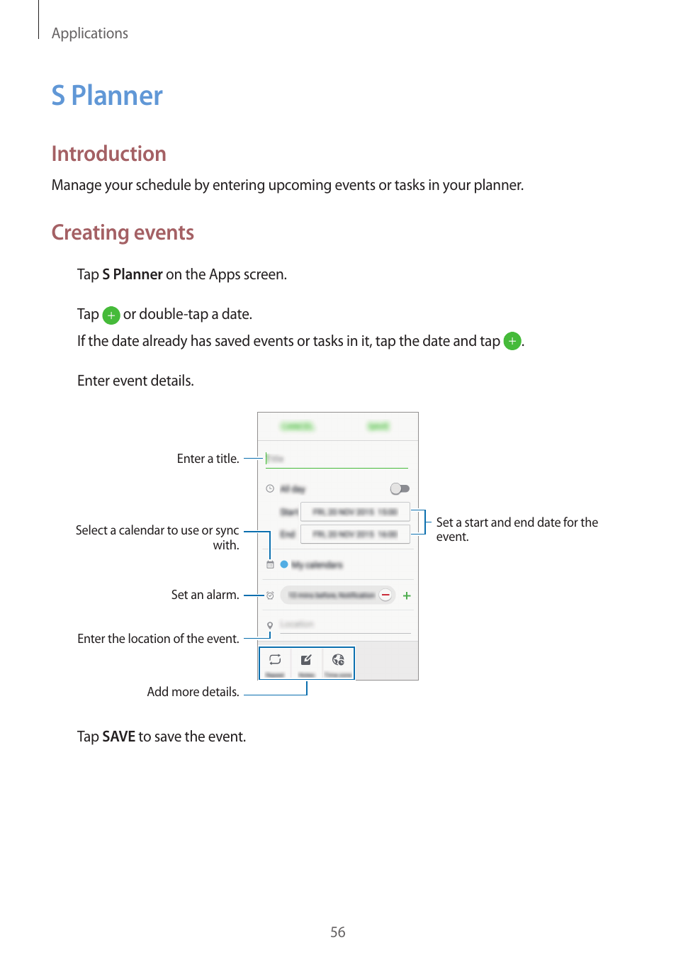 S planner, 56 s planner, Introduction | Creating events | Samsung J1 SM-J120F User Manual | Page 56 / 89