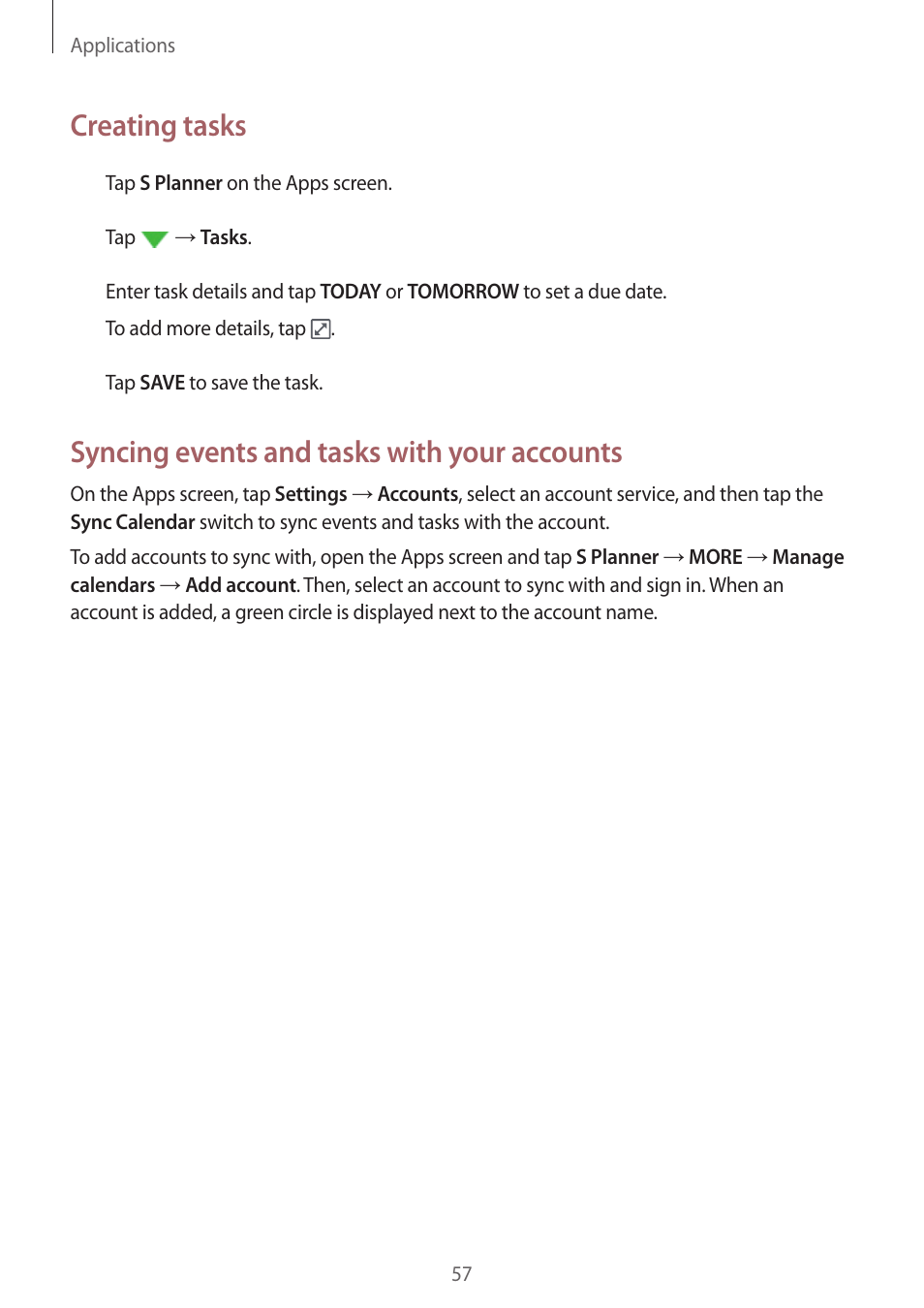 Creating tasks, Syncing events and tasks with your accounts | Samsung J1 SM-J120F User Manual | Page 57 / 89
