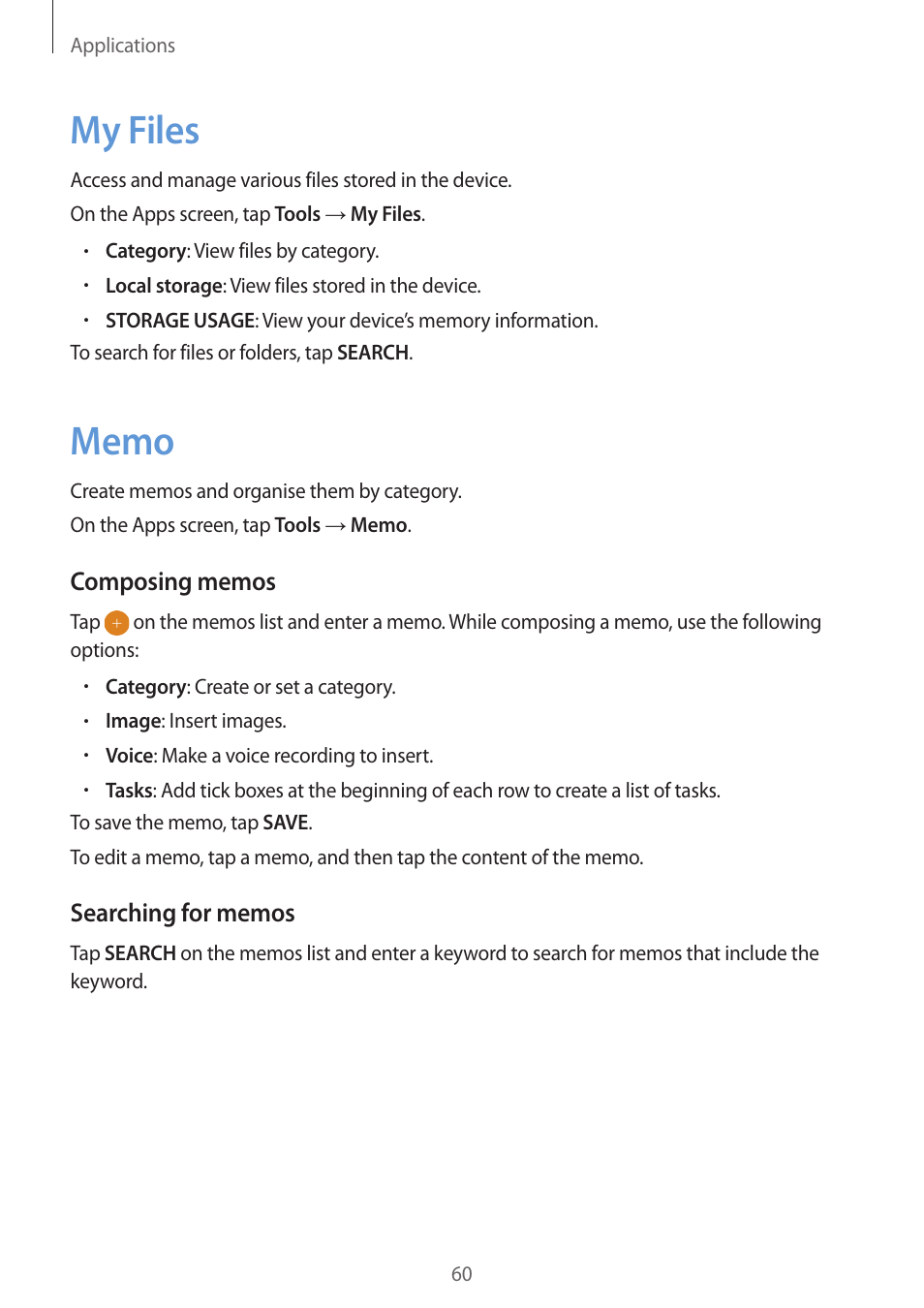 My files, Memo, 60 my files 60 memo | Samsung J1 SM-J120F User Manual | Page 60 / 89