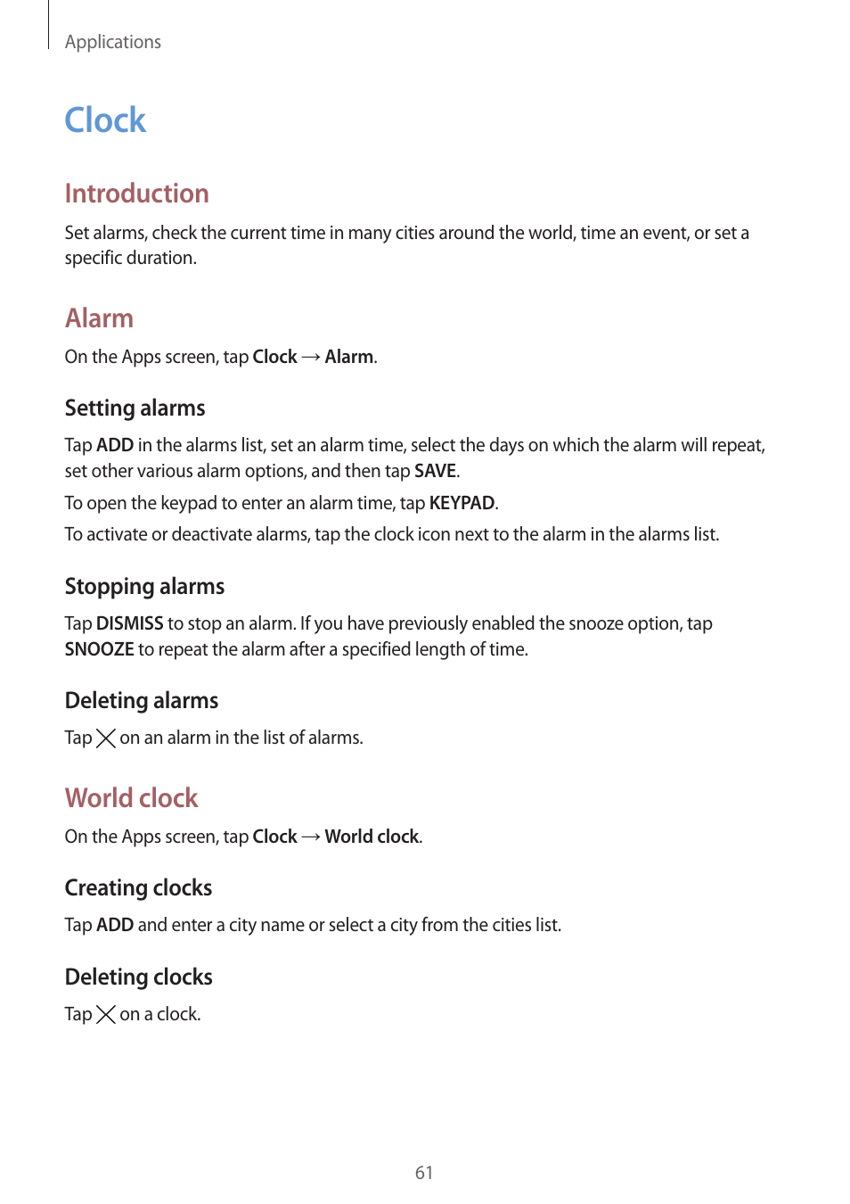 Clock, 61 clock, Introduction | Alarm, World clock | Samsung J1 SM-J120F User Manual | Page 61 / 89