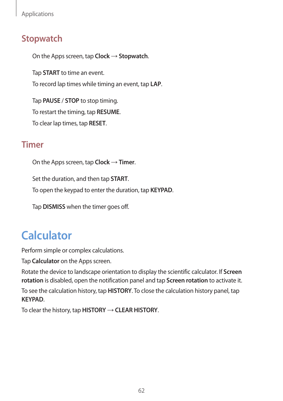 Calculator, 62 calculator, Stopwatch | Timer | Samsung J1 SM-J120F User Manual | Page 62 / 89