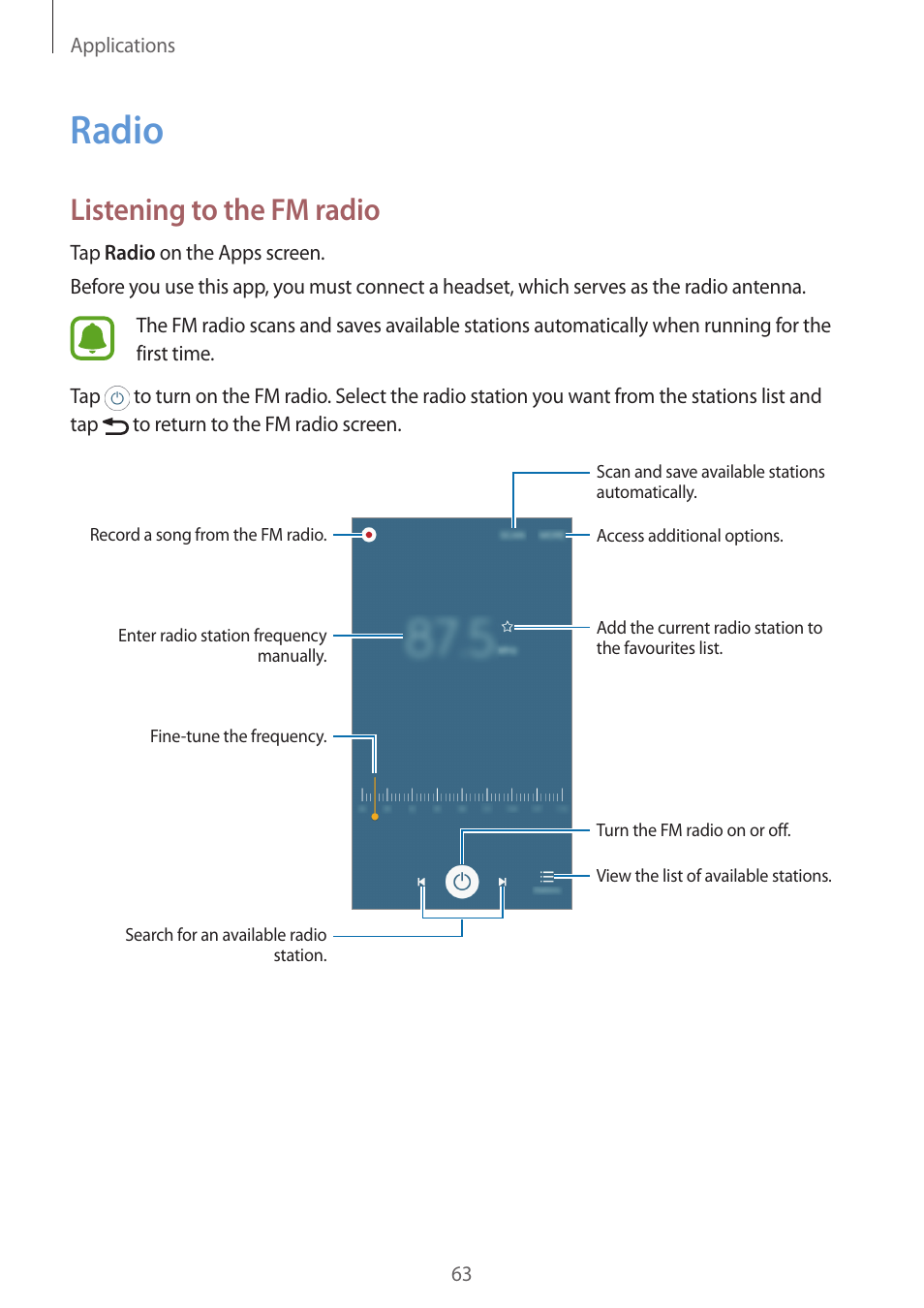 Radio, 63 radio, Listening to the fm radio | Samsung J1 SM-J120F User Manual | Page 63 / 89