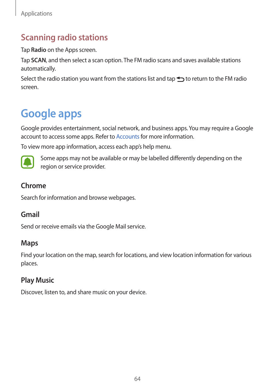 Google apps, 64 google apps, Scanning radio stations | Samsung J1 SM-J120F User Manual | Page 64 / 89