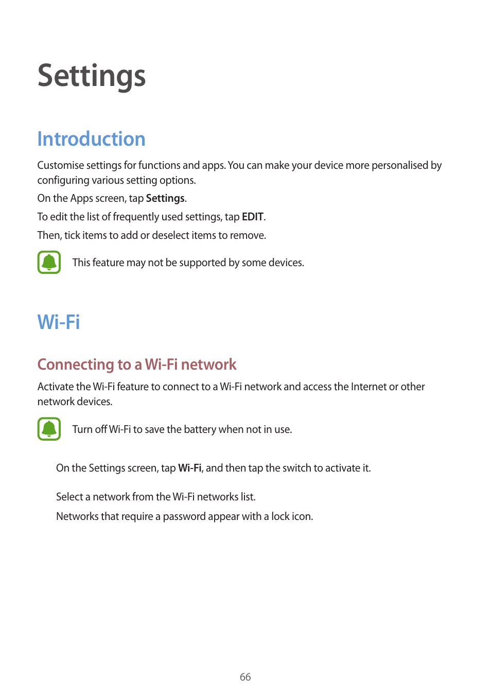 Settings, Introduction, Wi-fi | 66 introduction 66 wi-fi | Samsung J1 SM-J120F User Manual | Page 66 / 89