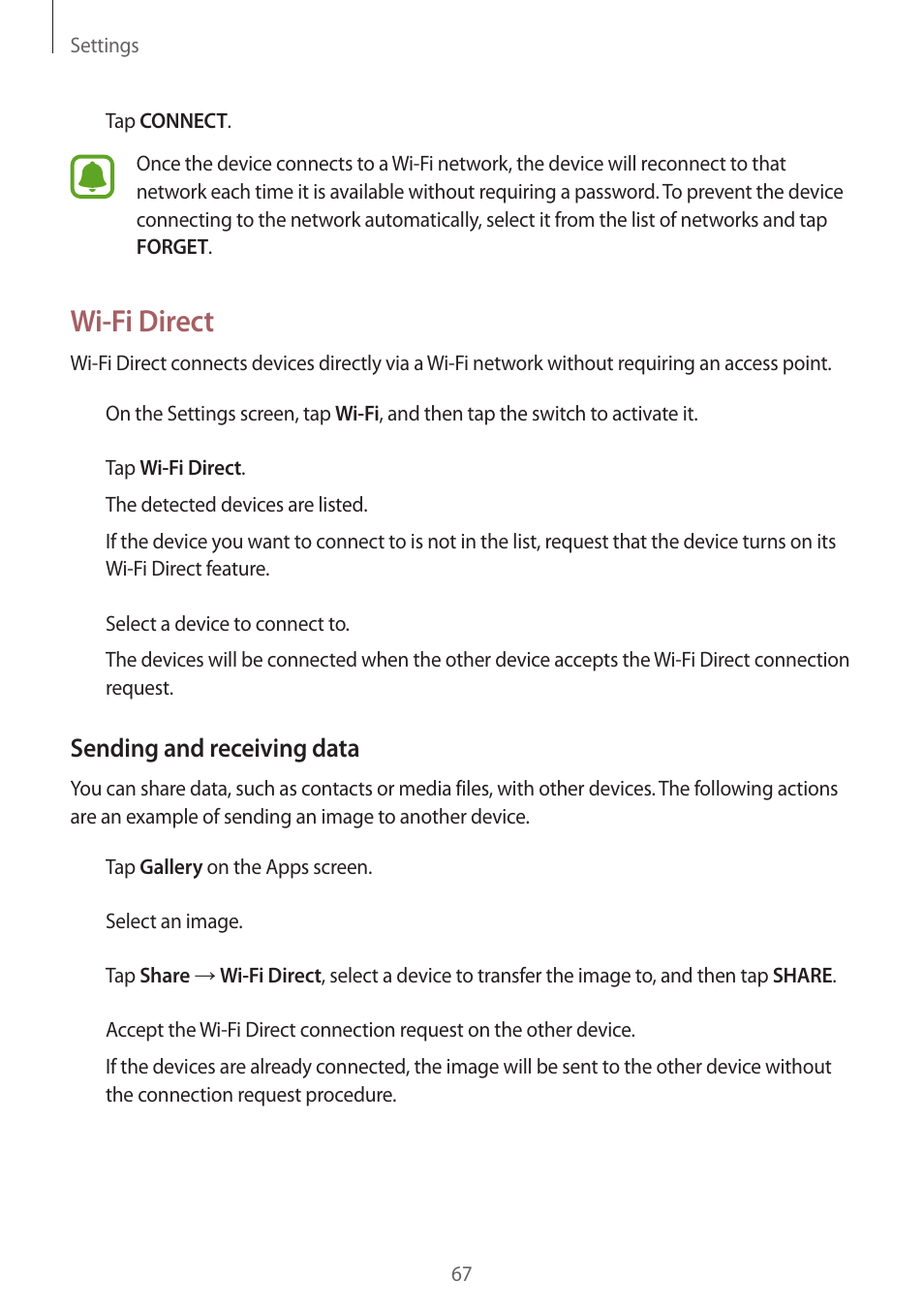 Wi-fi direct | Samsung J1 SM-J120F User Manual | Page 67 / 89