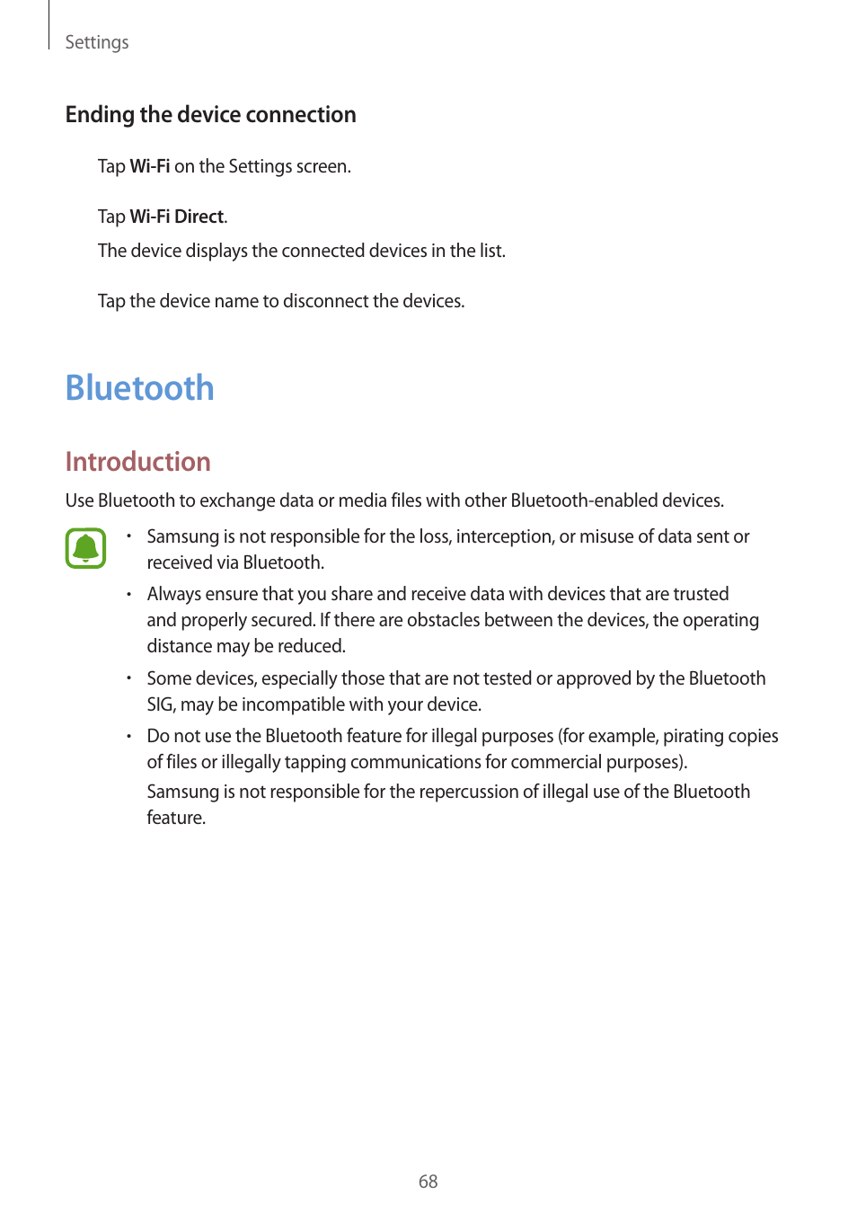 Bluetooth, 68 bluetooth, Introduction | Samsung J1 SM-J120F User Manual | Page 68 / 89