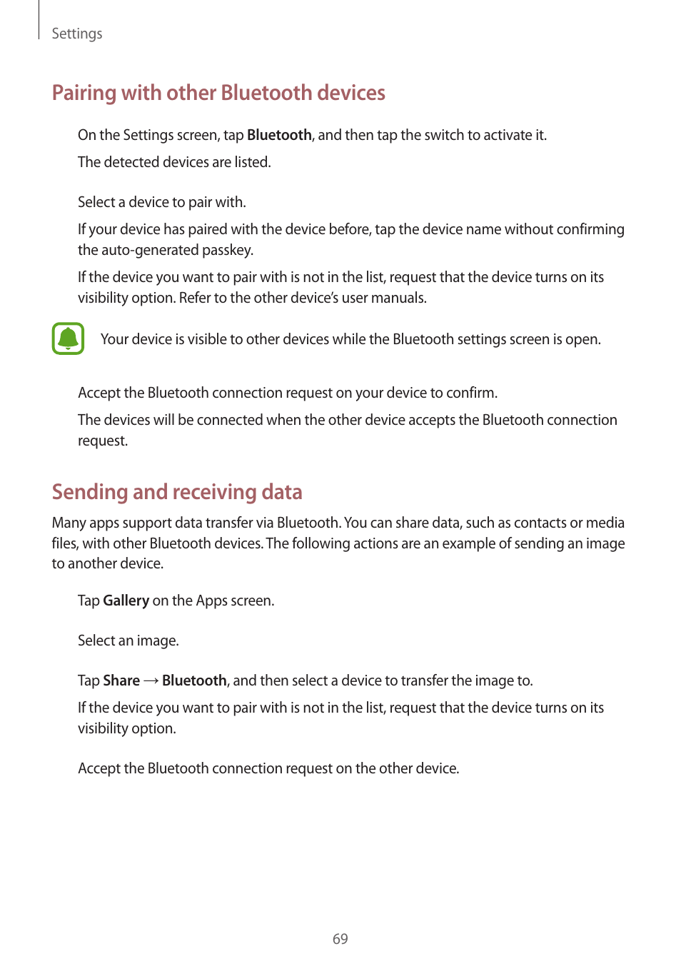 Pairing with other bluetooth devices, Sending and receiving data | Samsung J1 SM-J120F User Manual | Page 69 / 89
