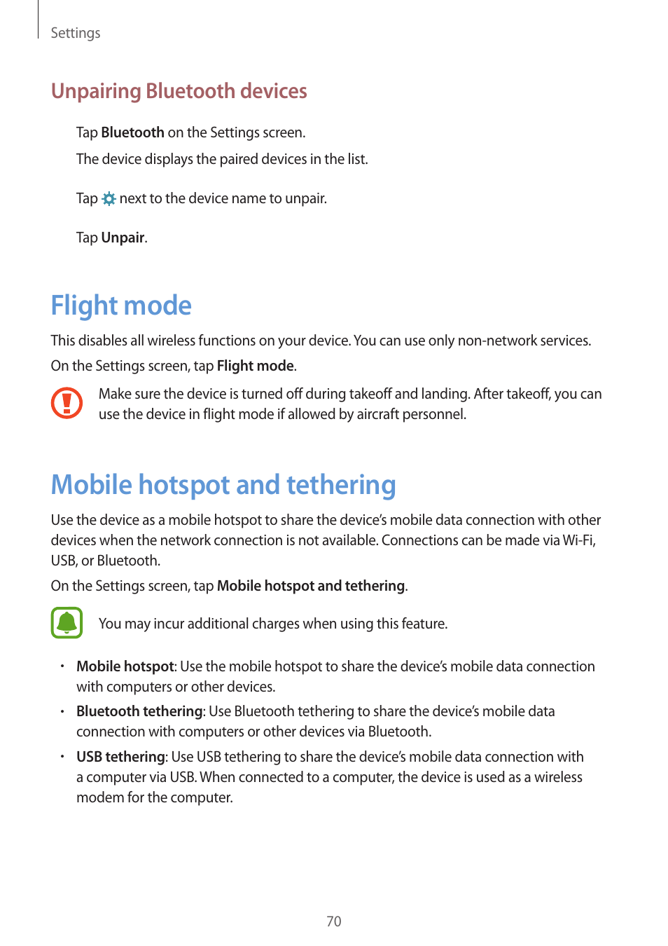 Flight mode, Mobile hotspot and tethering, 70 flight mode 70 mobile hotspot and tethering | Unpairing bluetooth devices | Samsung J1 SM-J120F User Manual | Page 70 / 89