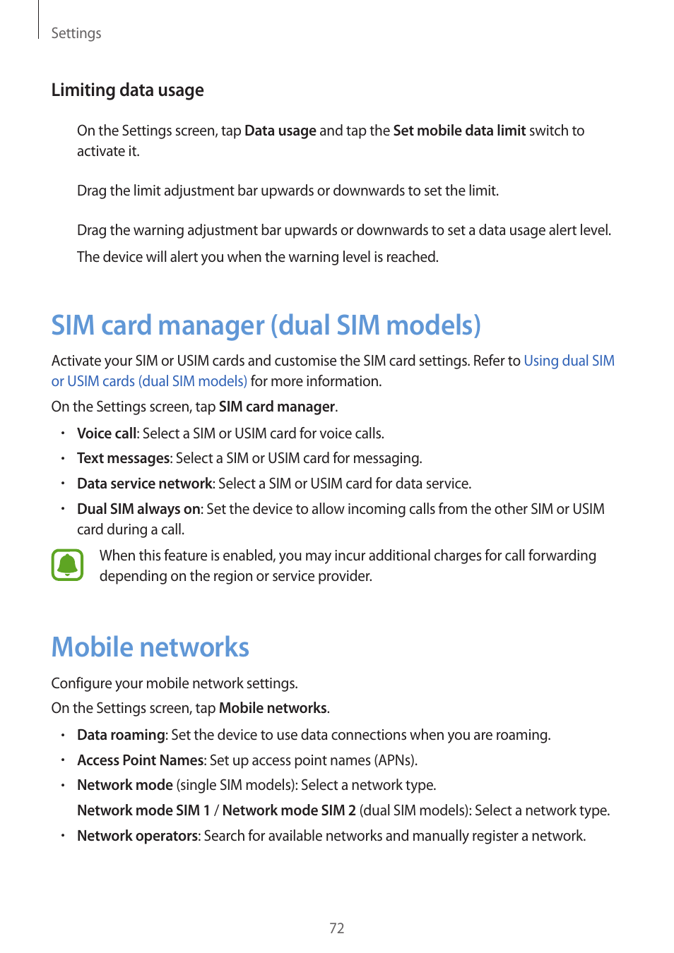 Sim card manager (dual sim models), Mobile networks | Samsung J1 SM-J120F User Manual | Page 72 / 89