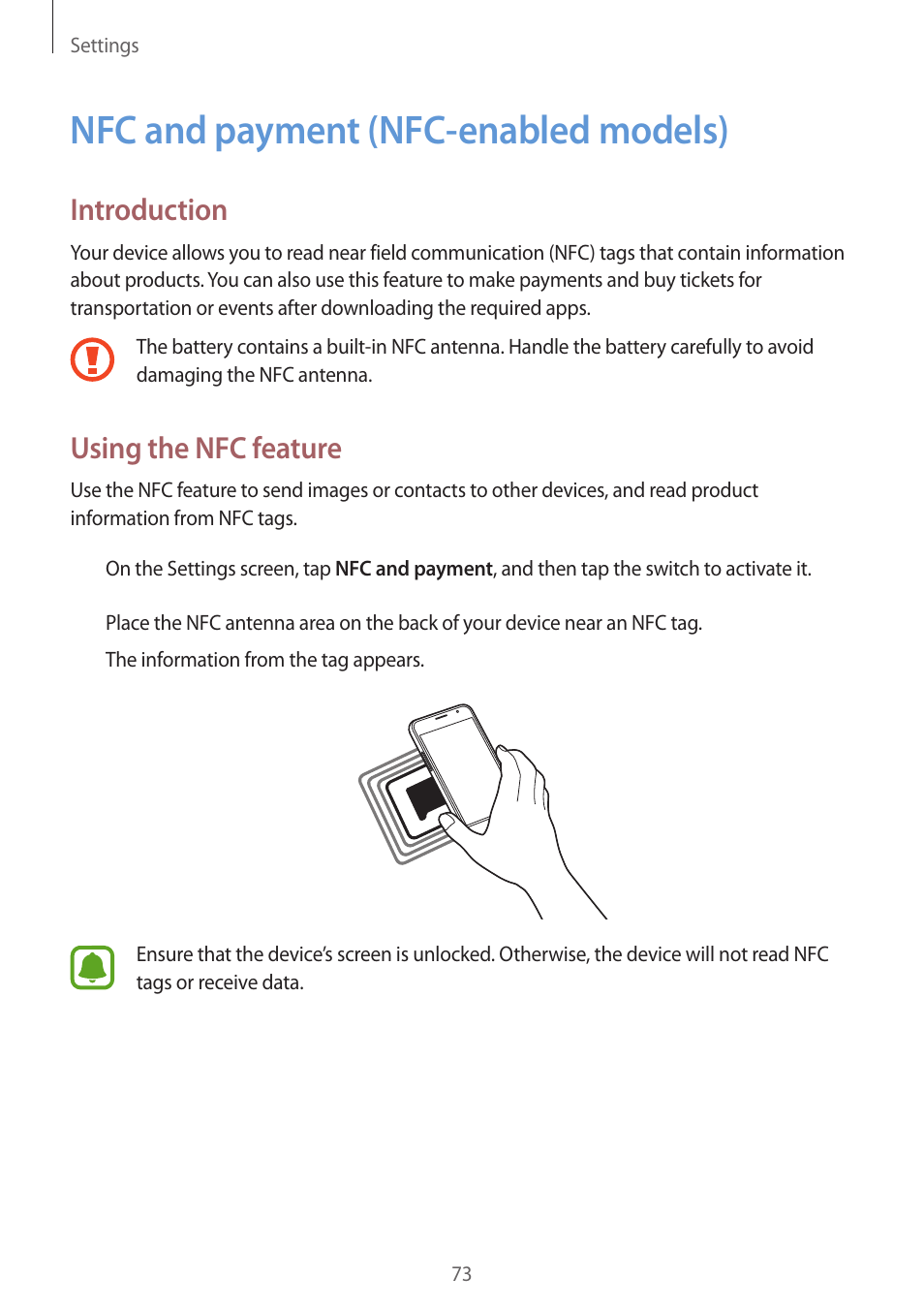Nfc and payment (nfc-enabled models), 73 nfc and payment (nfc-enabled, Models) | Introduction, Using the nfc feature | Samsung J1 SM-J120F User Manual | Page 73 / 89