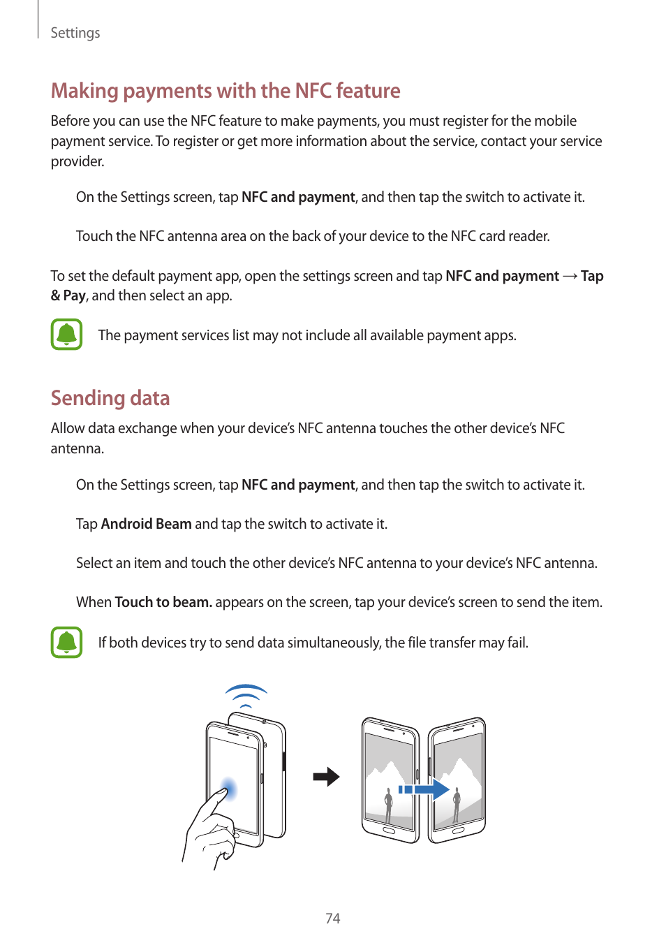 Making payments with the nfc feature, Sending data | Samsung J1 SM-J120F User Manual | Page 74 / 89