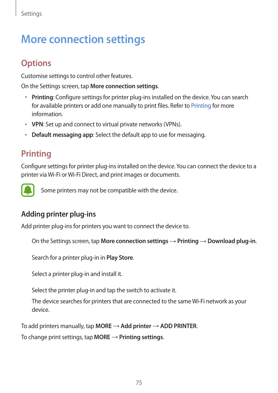 More connection settings, 75 more connection settings, Options | Printing | Samsung J1 SM-J120F User Manual | Page 75 / 89