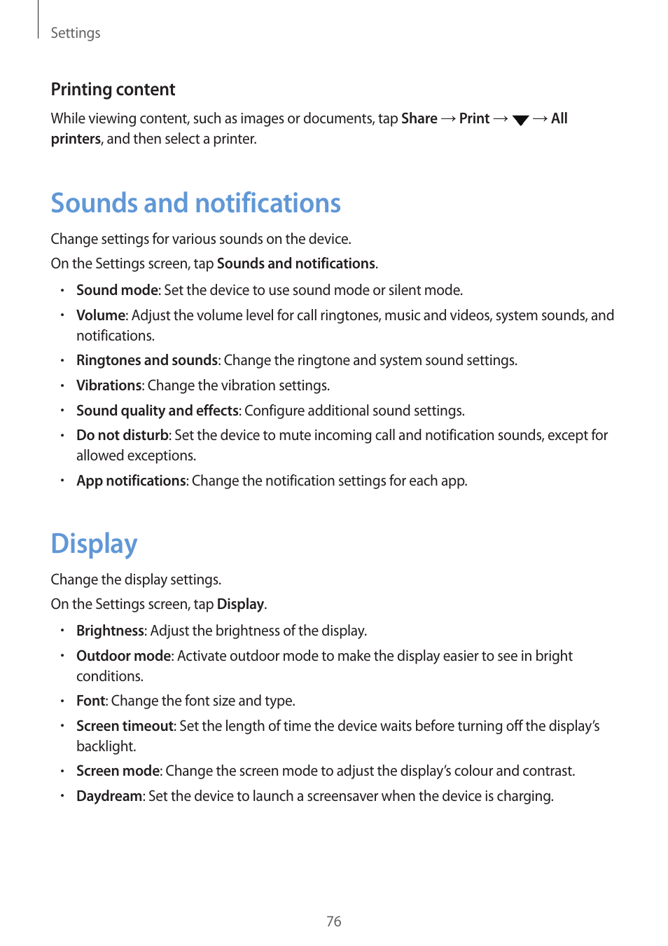 Sounds and notifications, Display, 76 sounds and notifications 76 display | Samsung J1 SM-J120F User Manual | Page 76 / 89