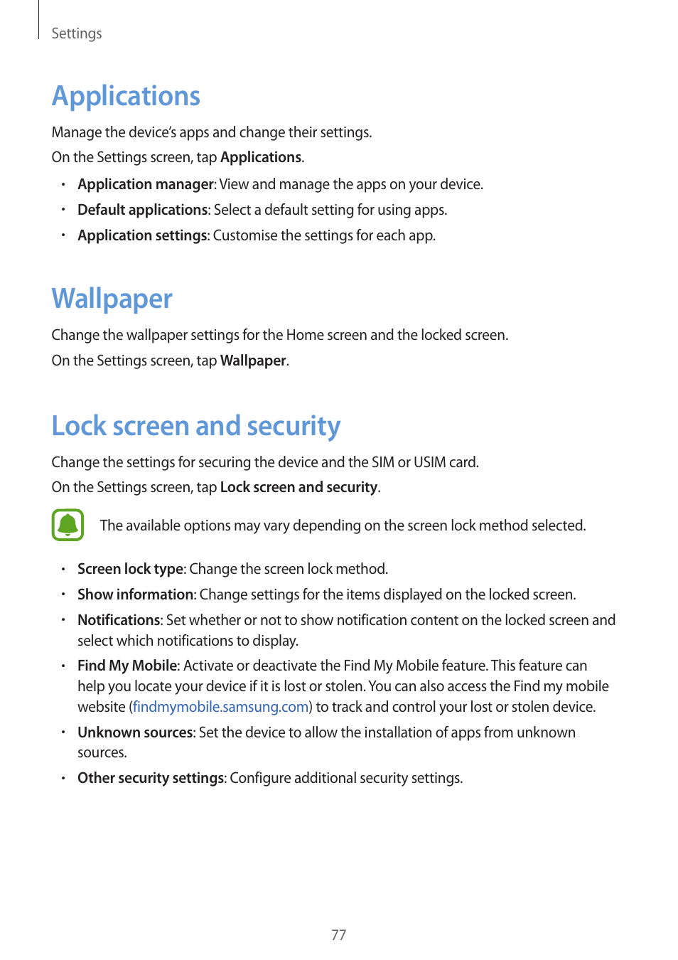 Applications, Wallpaper, Lock screen and security | Samsung J1 SM-J120F User Manual | Page 77 / 89