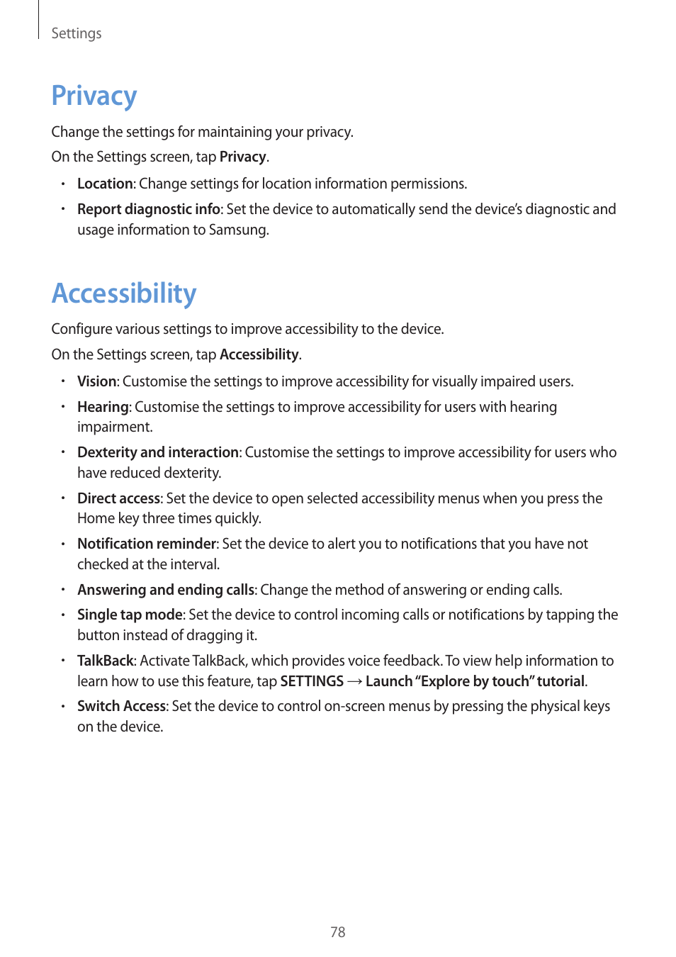 Privacy, Accessibility, 78 privacy 78 accessibility | Samsung J1 SM-J120F User Manual | Page 78 / 89