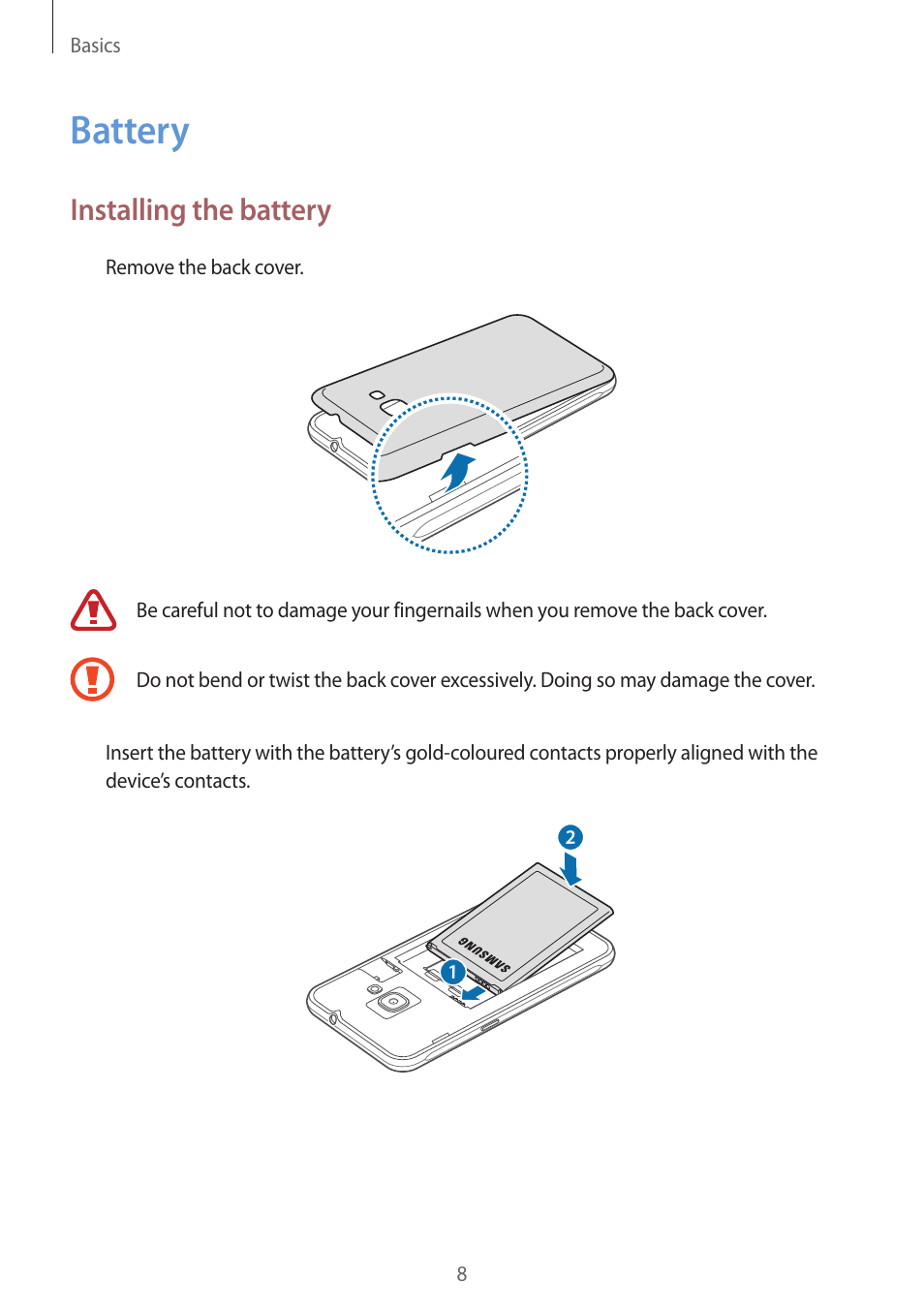 Battery, 8 battery, Installing the battery | Samsung J1 SM-J120F User Manual | Page 8 / 89