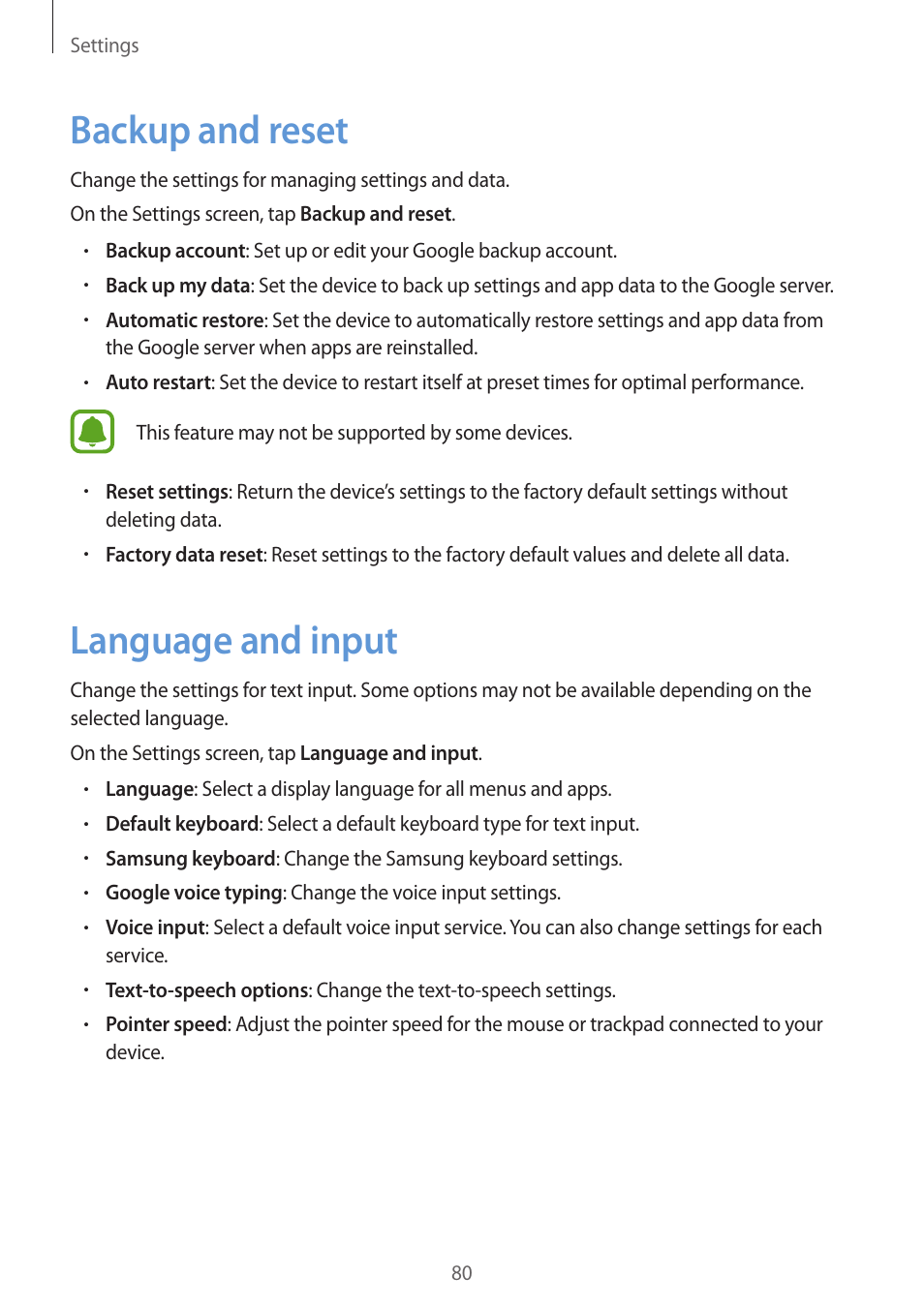 Backup and reset, Language and input, 80 backup and reset 80 language and input | Samsung J1 SM-J120F User Manual | Page 80 / 89