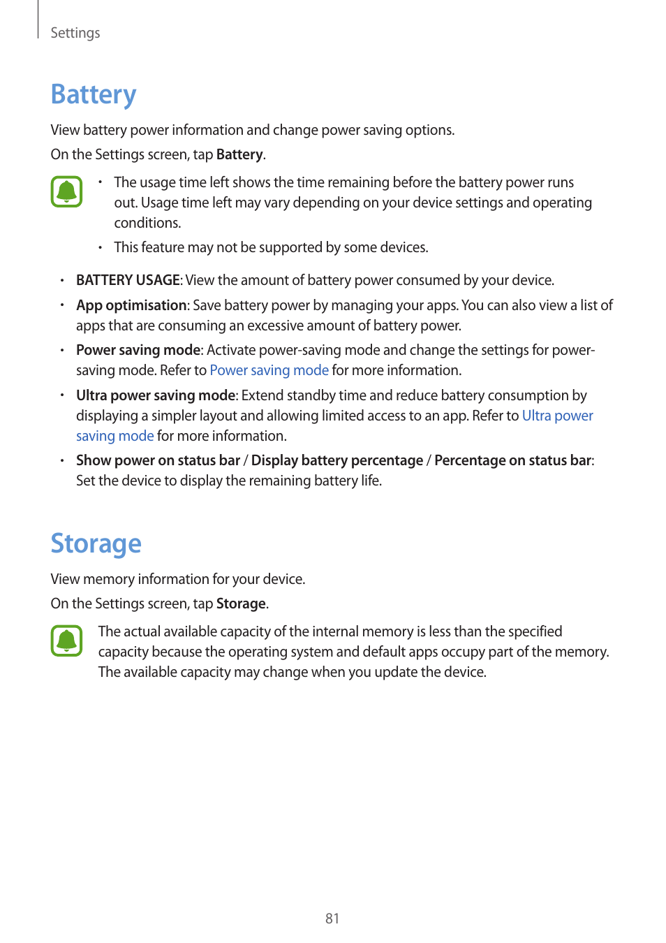Battery, Storage, 81 battery 81 storage | Samsung J1 SM-J120F User Manual | Page 81 / 89
