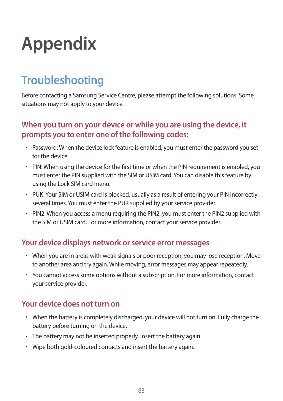 Appendix, Troubleshooting, 83 troubleshooting | Samsung J1 SM-J120F User Manual | Page 83 / 89