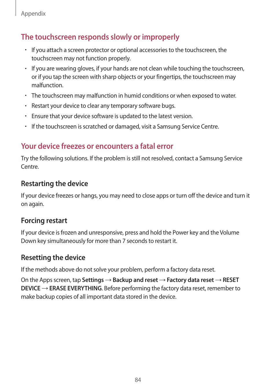 The touchscreen responds slowly or improperly, Your device freezes or encounters a fatal error, Restarting the device | Forcing restart, Resetting the device | Samsung J1 SM-J120F User Manual | Page 84 / 89