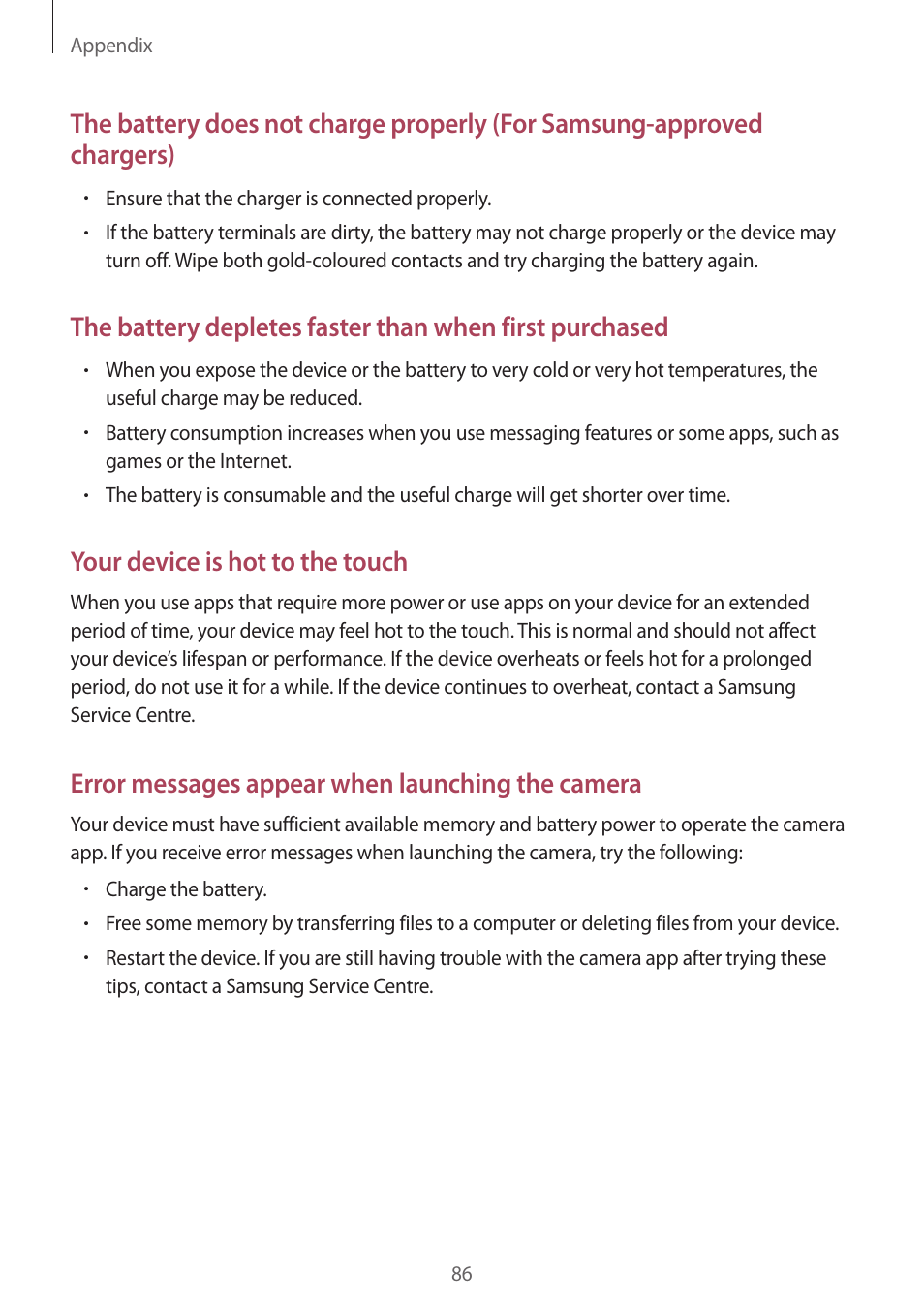 Your device is hot to the touch, Error messages appear when launching the camera | Samsung J1 SM-J120F User Manual | Page 86 / 89