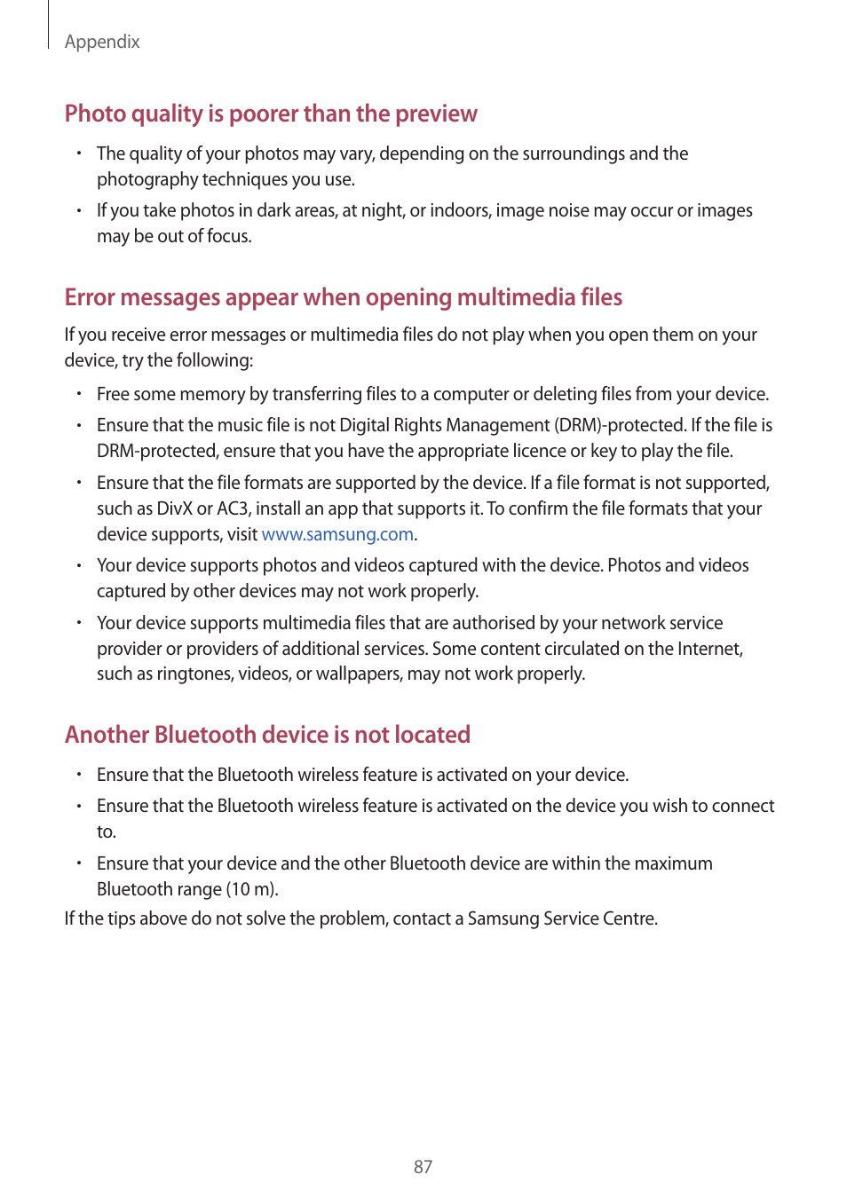 Photo quality is poorer than the preview, Another bluetooth device is not located | Samsung J1 SM-J120F User Manual | Page 87 / 89