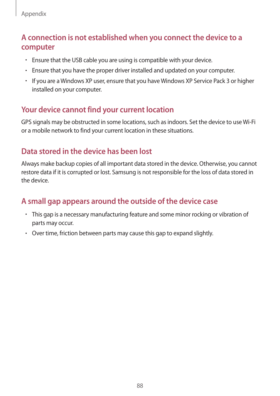 Your device cannot find your current location, Data stored in the device has been lost | Samsung J1 SM-J120F User Manual | Page 88 / 89