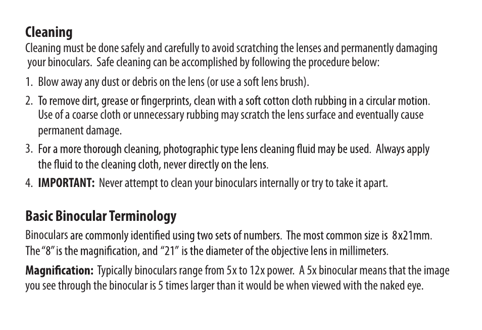 Cleaning, Basic binocular terminology | Carson Optical Binoculars User Manual | Page 2 / 8