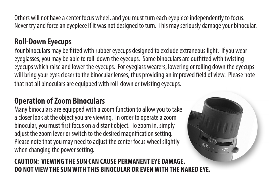 Roll-down eyecups, Operation of zoom binoculars | Carson Optical Binoculars User Manual | Page 7 / 8