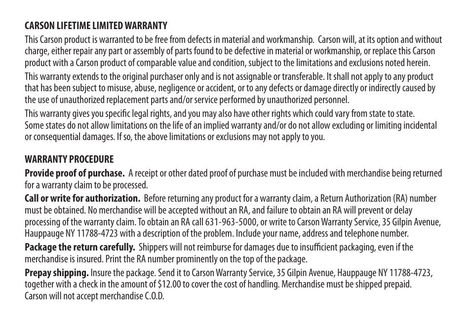 Carson Optical Binoculars User Manual | Page 8 / 8
