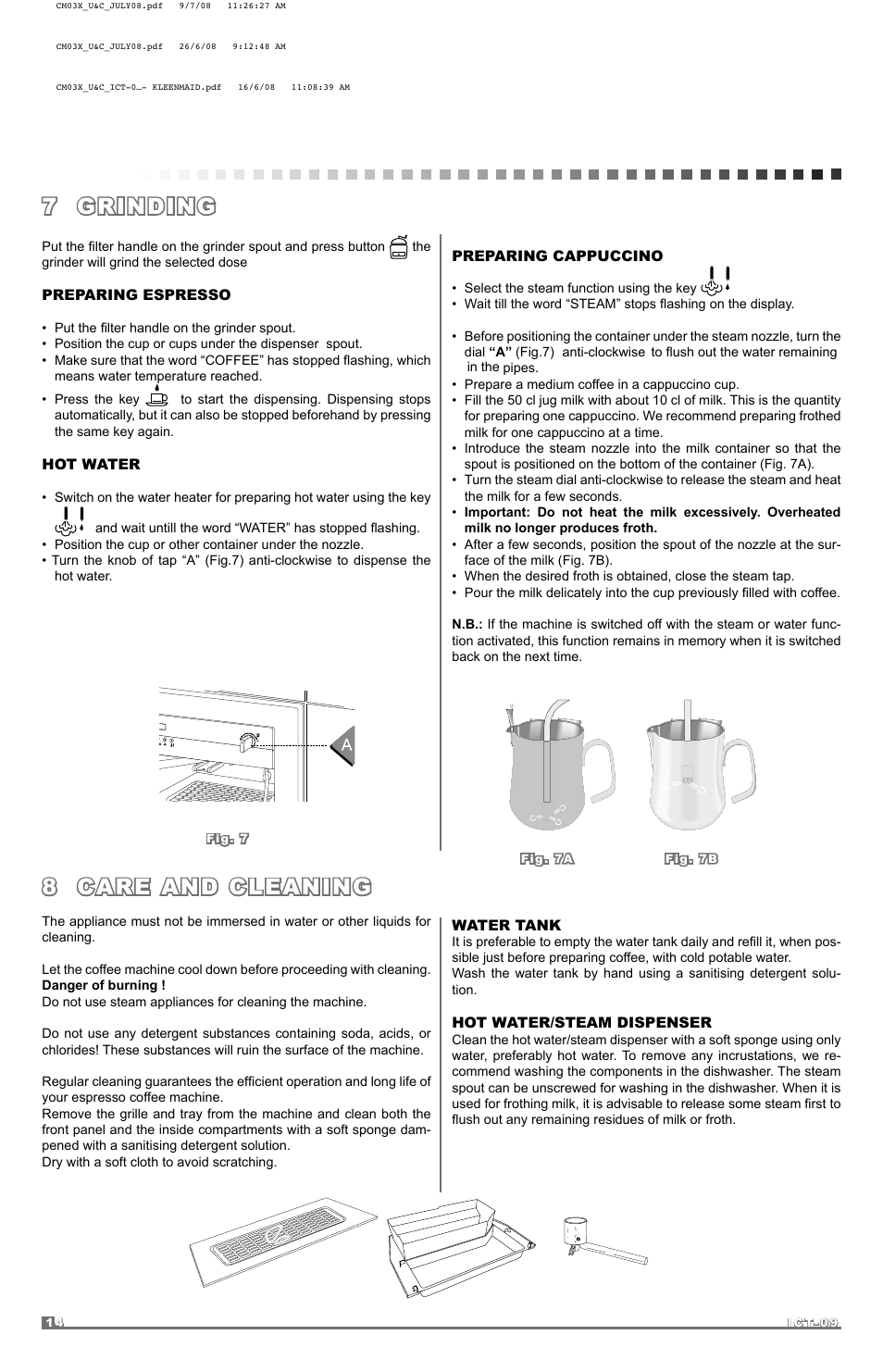 7 grinding, 8 care and cleaning | Kleenmaid CM03X User Manual | Page 14 / 17