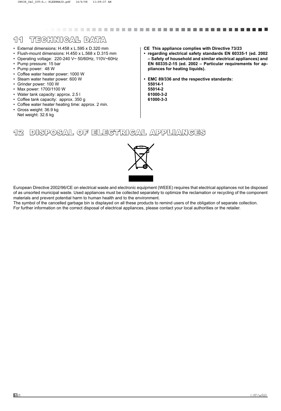 11 technical data, 12 disposal of electrical appliances | Kleenmaid CM03X User Manual | Page 16 / 17