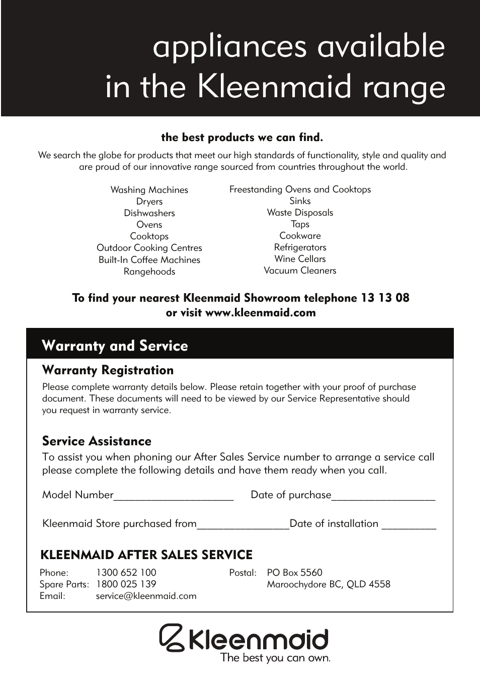 Appliances available in the kleenmaid range, Warranty and service | Kleenmaid CM03X User Manual | Page 17 / 17