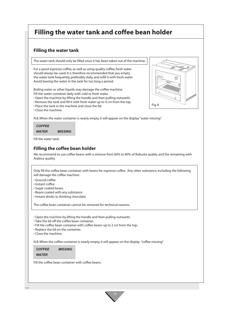 Filling the water tank and coffee bean holder, Filling the water tank, Filling the coffee bean holder | Kleenmaid CM02X User Manual | Page 10 / 20