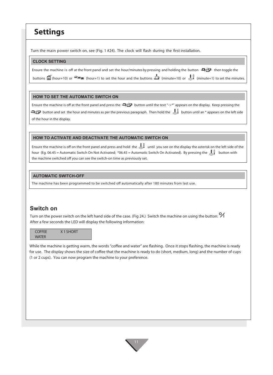 Settings, Switch on | Kleenmaid CM02X User Manual | Page 11 / 20