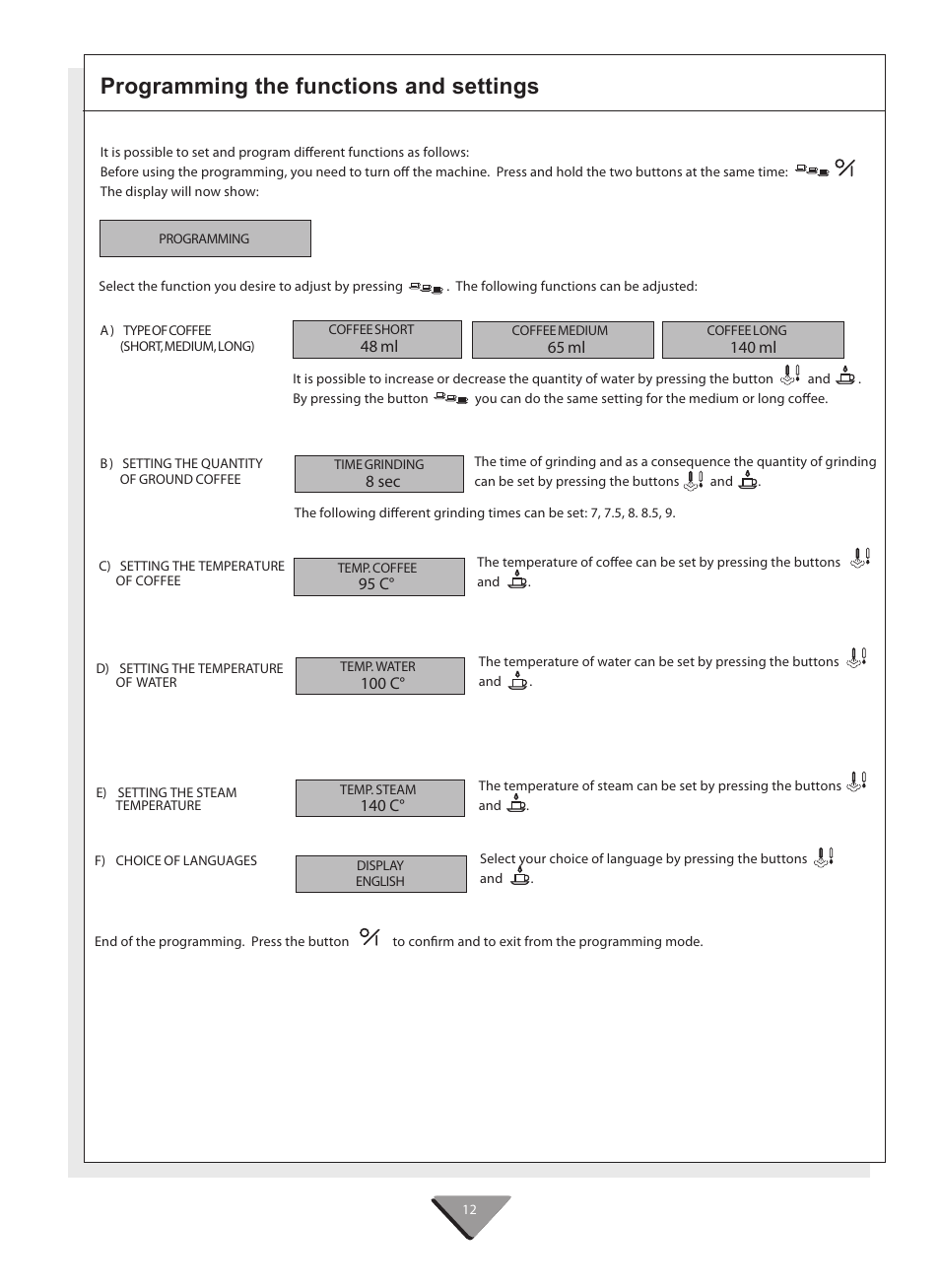 Programming the functions and settings | Kleenmaid CM02X User Manual | Page 12 / 20