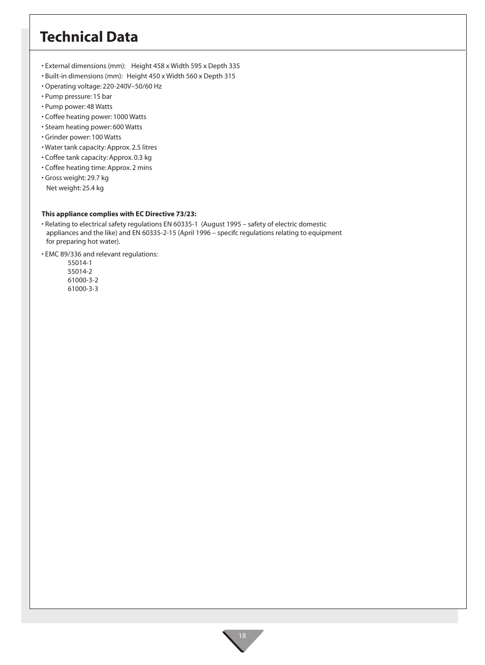 Technical data | Kleenmaid CM02X User Manual | Page 18 / 20