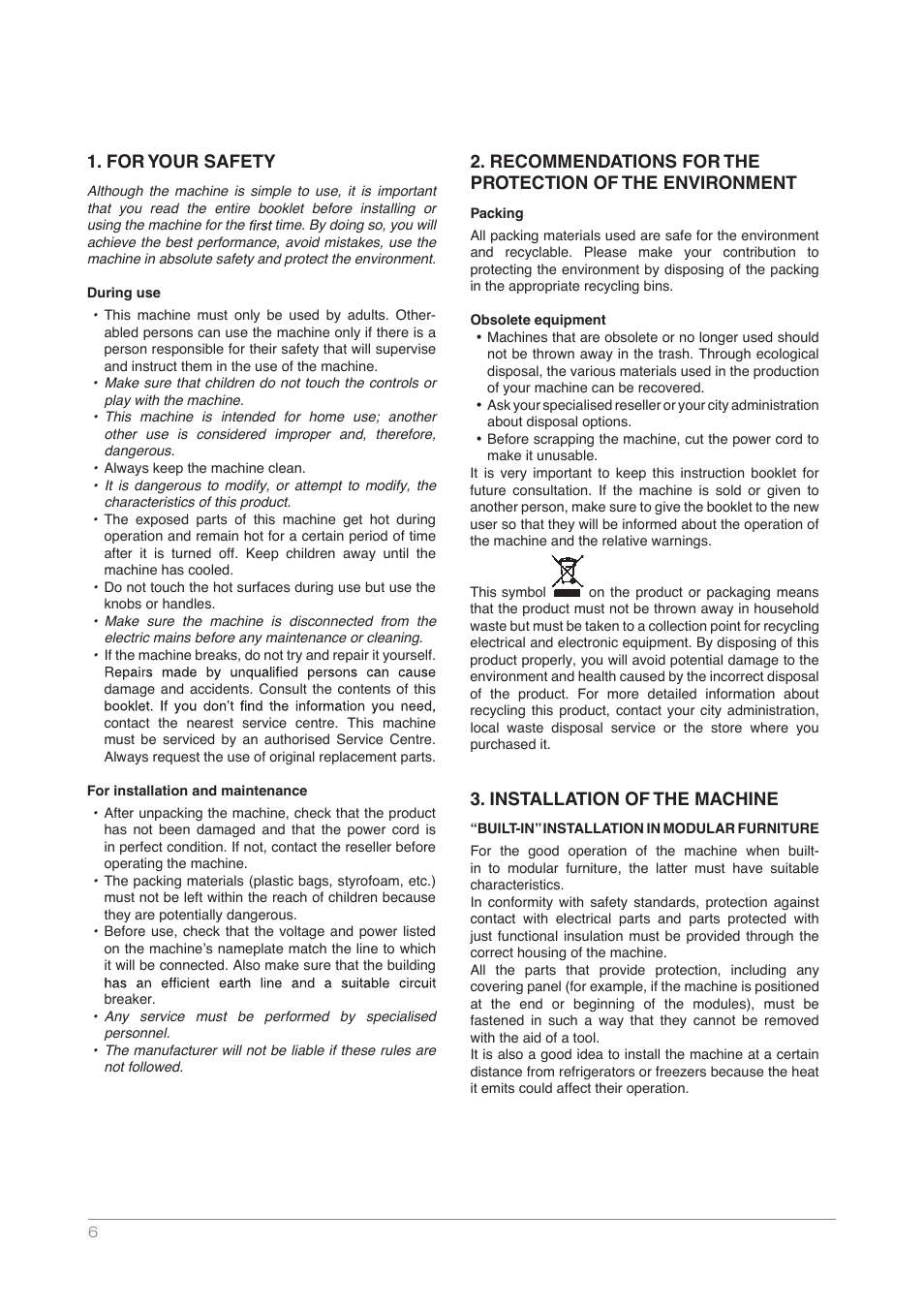 For your safety, Installation of the machine | Kleenmaid CM4510 User Manual | Page 6 / 20