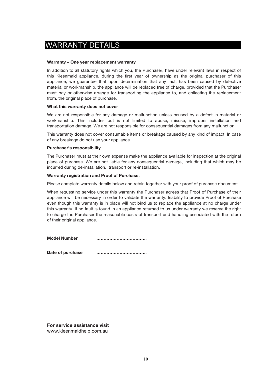 Warranty details | Kleenmaid CMBT01N User Manual | Page 11 / 12