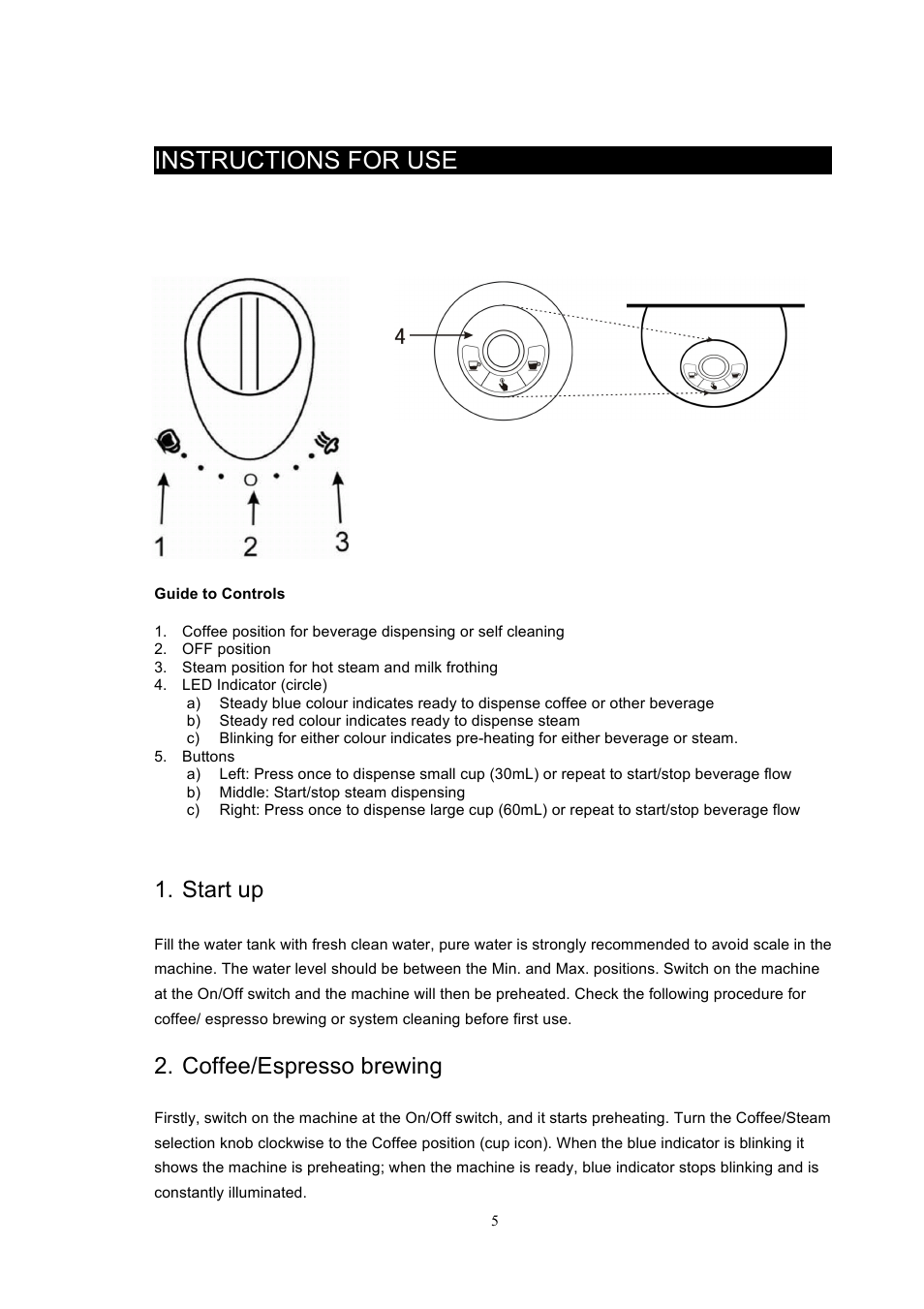 Instructions for use, Start up, Coffee/espresso brewing | Kleenmaid CMBT01N User Manual | Page 6 / 12