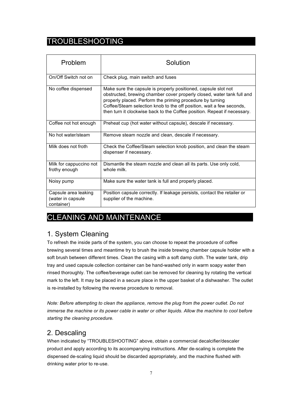 Troubleshooting, Cleaning and maintenance, System cleaning | Descaling, Problem, Solution | Kleenmaid CMBT01N User Manual | Page 8 / 12