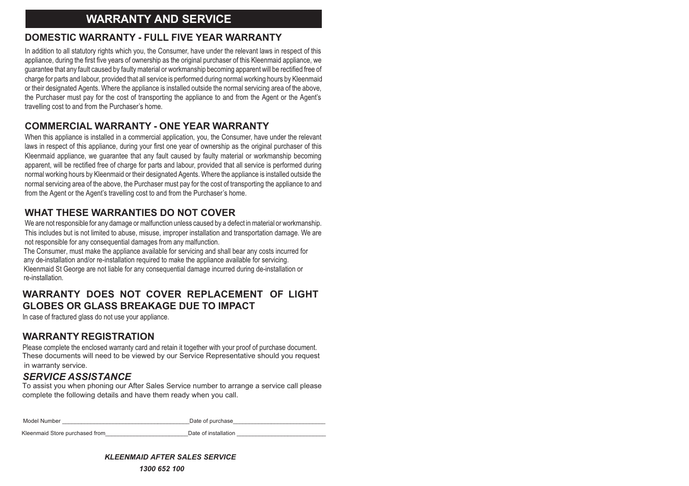 Warranty and ser vice | Kleenmaid IB31D User Manual | Page 10 / 11